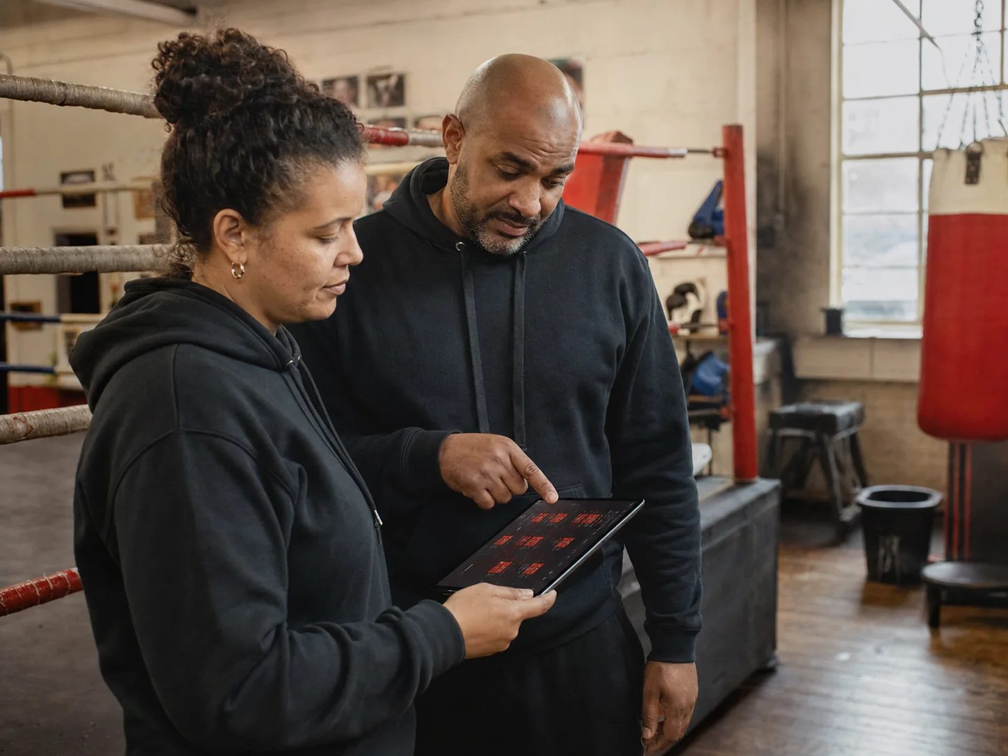 Two amateur boxing club organisers reviewing suggested matchups on a tablet beside the ring