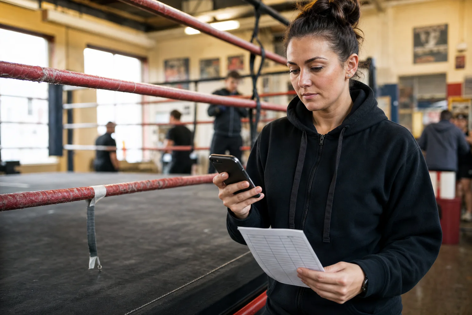 An amateur boxing club organiser coordinating a show from her phone and printed running order beside the ring