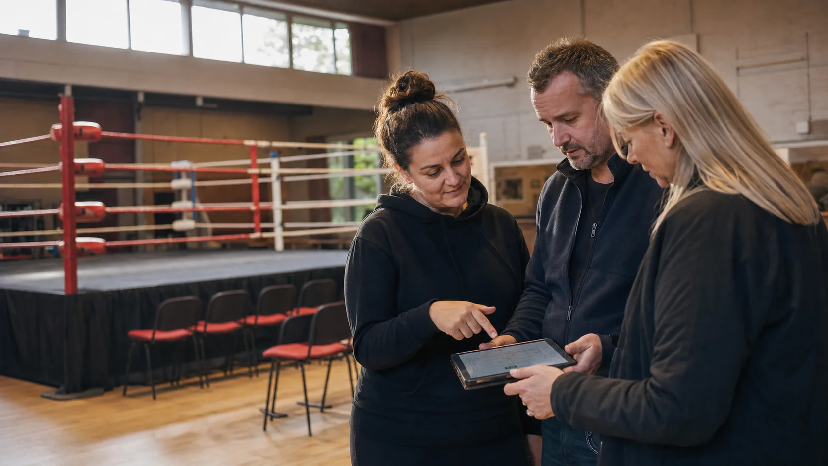 Three amateur boxing event partners planning a show together beside the ring